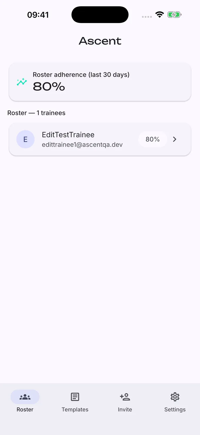 Trainer roster screen in Ascent, listing all trainees