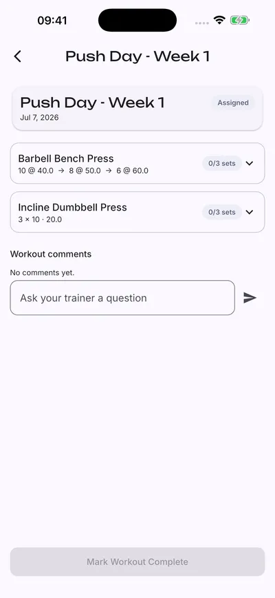 Trainee's assigned workout detail screen in Ascent
