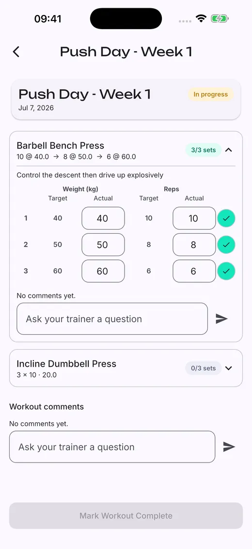 Trainee logging sets, reps, and weight during a workout in Ascent
