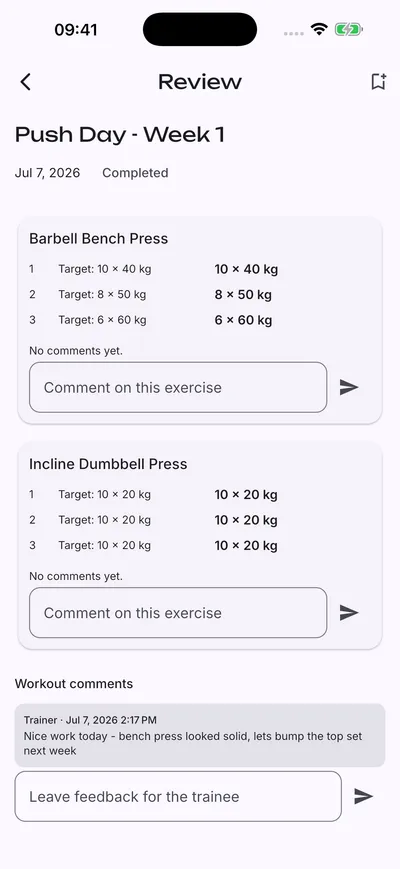 Trainer reviewing a trainee's logged workout and leaving feedback in Ascent